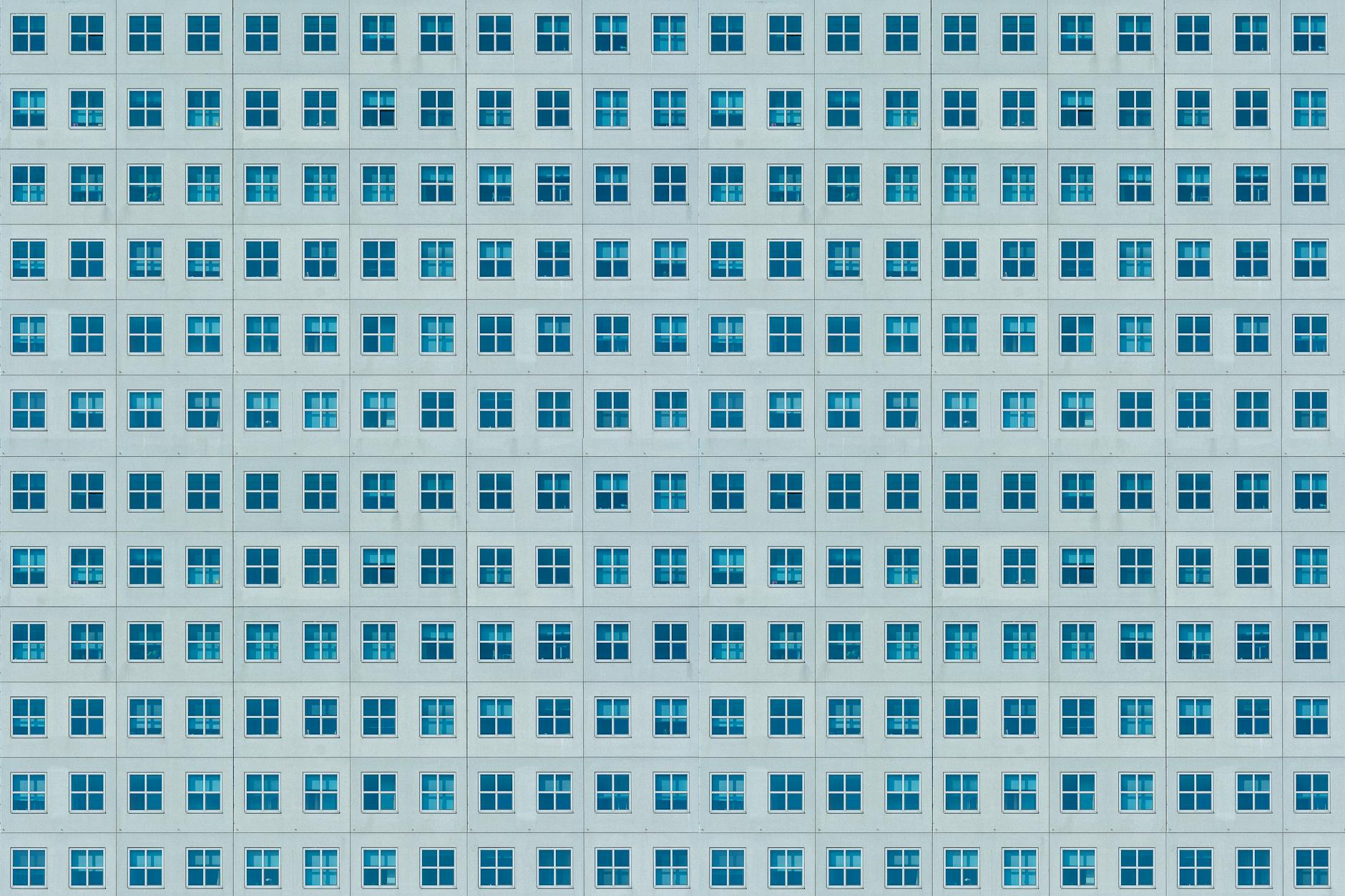 facade full of identical windows with blinds